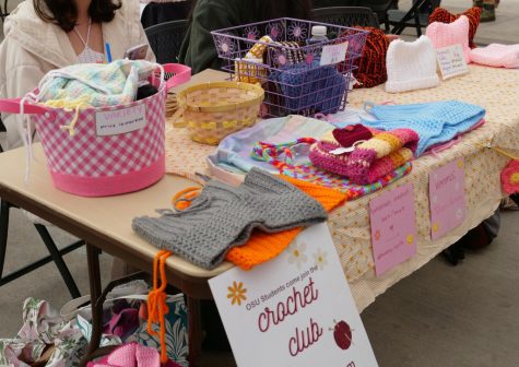 Kira Koehler and Tehani share a table at the SOL flea market on Wednesday, March 1, in the SEC plaza on the Oregon State Corvallis campus. Both artists sold hand crocheted hats, bags, and tops. 